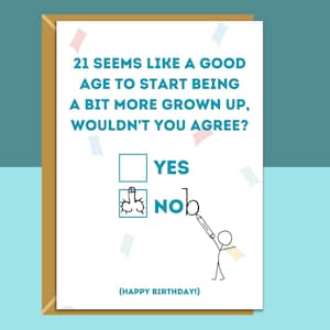 Carte de 21e anniversaire amusante - Personnalisée à l'intérieur si nécessaire - Pour lui ou pour elle - Carte de voeux parfaite pour quelqu'un qui fête ses 21 ans