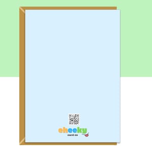 May include: A light blue greeting card with a brown border. The card has a QR code and the text "cheeky card co" with a tongue graphic. The background is light green and white.
