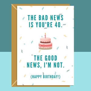 Funny 40th Birthday Card - Cheeky Card For Someone Turning 40 Years Old - For Him or For Her - Can be personalised inside if required