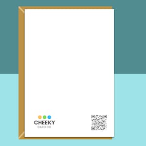 May include: Blank white card with a brown envelope. The card has a logo with three colored dots and the text "CHEEKY CARD CO". A black and white QR code is in the bottom right corner.