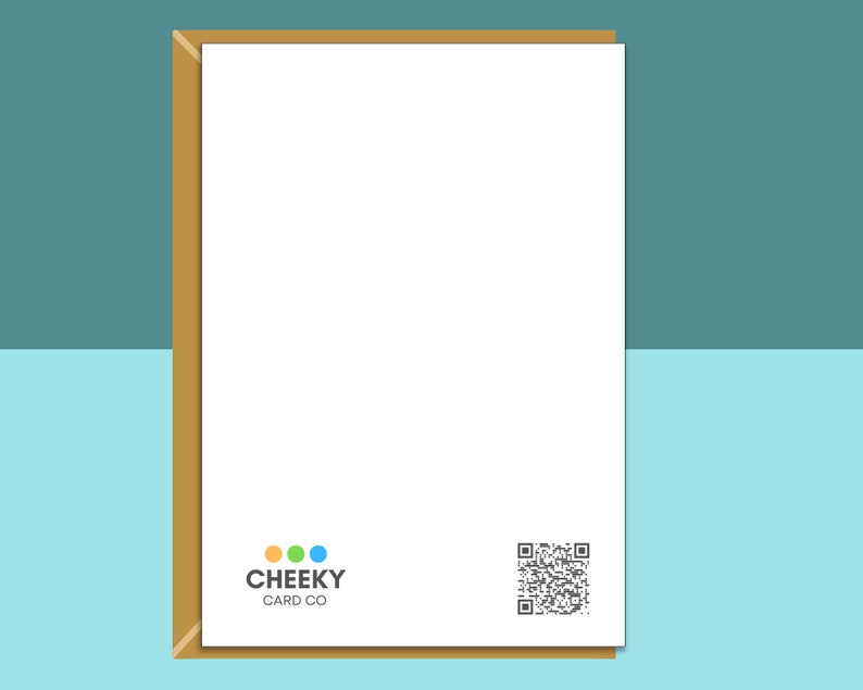May include: Blank white card with a brown envelope. The card has a logo with three colored dots and the text "CHEEKY CARD CO". A black and white QR code is in the bottom right corner.