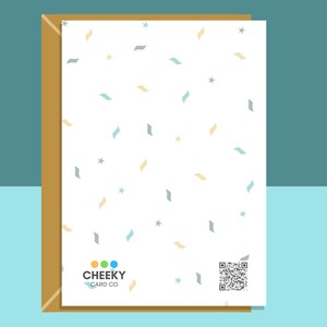 May include: A white card with a confetti pattern in blue, yellow, and gray. The card has the text "CHEEKY CARD CO" and a QR code in the bottom right corner.