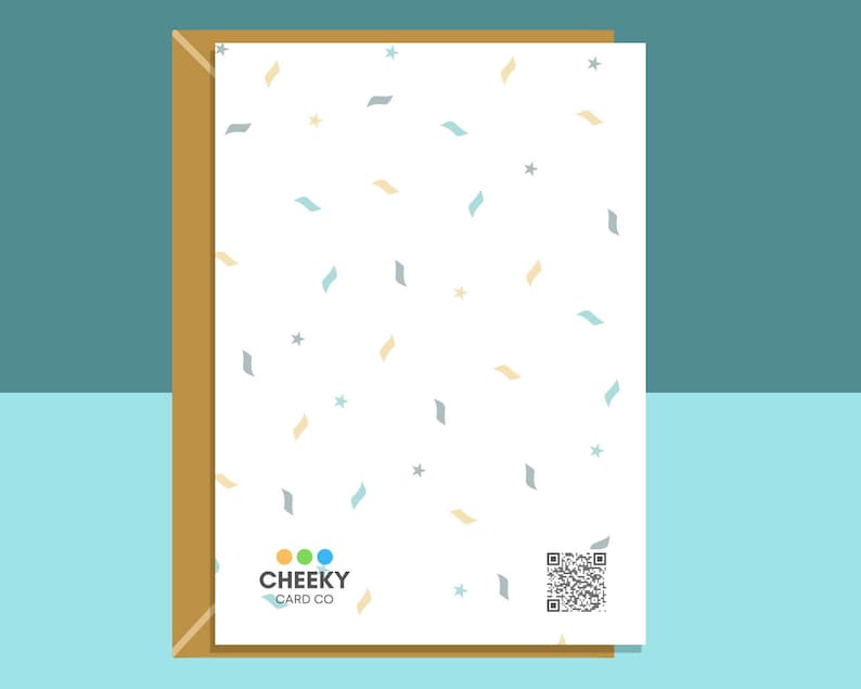 May include: A white card with a confetti pattern in blue, yellow, and gray. The card has the text "CHEEKY CARD CO" and a QR code in the bottom right corner.