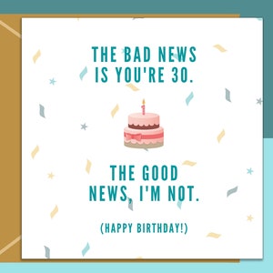 May include: A white card with a birthday message that reads "The bad news is you're 30. The good news, I'm not. (Happy Birthday!)"  The card has a pink and brown cake with a single candle on top. The background is white with confetti.