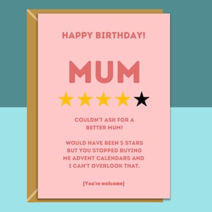 Cartão de aniversário engraçado da mãe - 4 estrelas - Melhor mãe - Sarcástico - 40, 50, 60 e mais. Para ela - Personalizado se necessário.