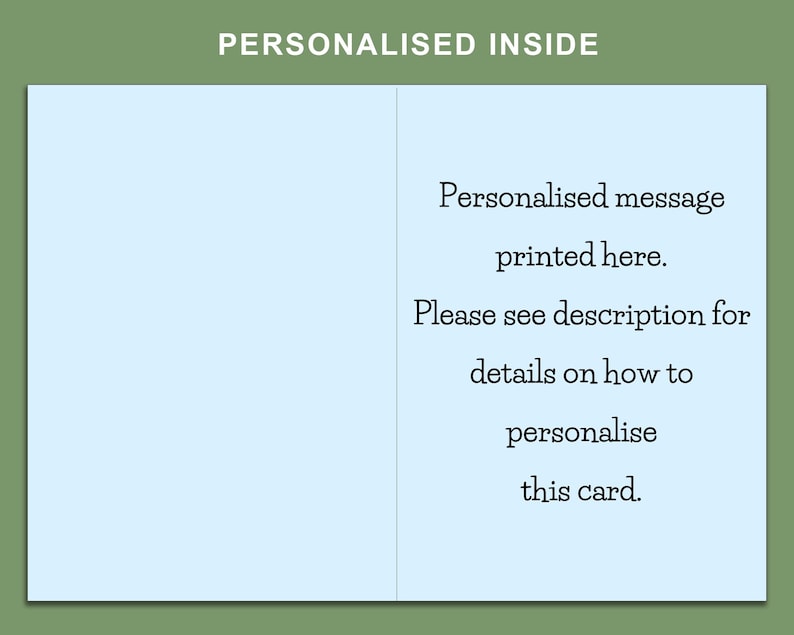 May include: A light blue greeting card with the text "PERSONALISED INSIDE" at the top. The inside of the card has a message that reads "Personalised message printed here. Please see description for details on how to personalise this card."