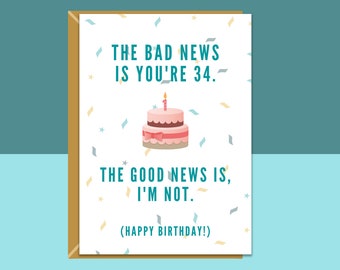 Funny 34th Birthday Card - For Him or For Her - Ideal for friend, brother, sister, colleague, anyone else turning 34 years old - Personalise