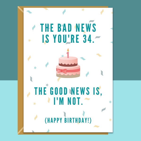 Funny 34th Birthday Card - For Him or For Her - Ideal for friend, brother, sister, colleague, anyone else turning 34 years old - Personalise