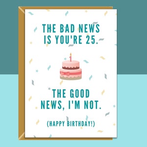 Funny 25th Birthday Card For Him or For Her on turning 25 years old - Personalised inside or blank - Ideal for friend, brother, sister, etc