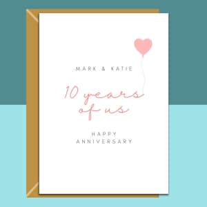 Biglietto d'auguri per il decimo anniversario - Nomi personalizzati - Interno personalizzato se richiesto - Per marito, moglie, fidanzato, fidanzata, promessa sposa - Romantico