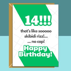 Biglietto di auguri per il 14° compleanno - Personalizzato - Divertente - Nipote, nipote, figlio, figlia - Skibidi Rizz - Gen Alpha Slang - Idee regalo per 14enni