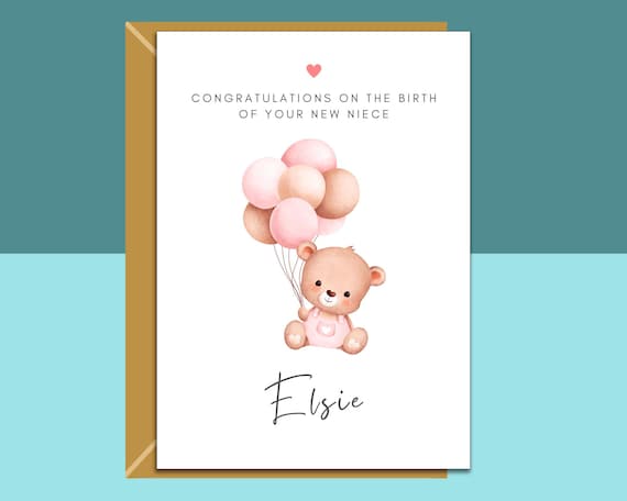 Tarjeta De Felicitación Para Bautizo De Sobrina – Sobrina Muy Especial – Elefante Y Globos – Acabados Especiales Y