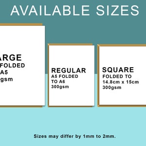 May include: Three white cardstock paper sizes with gold trim. The sizes are labeled "Large A4 folded to A5 300gsm", "Regular A5 folded to A6 300gsm", and "Square folded to 14.8cm x 15cm 300gsm". The text "Sizes may differ by 1mm to 2mm." is below the cards.