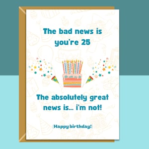 Divertida tarjeta de cumpleaños número 25 para él o para ella al cumplir 25 años - Personalizada por dentro o en blanco - Ideal para amigos, hermanos, hermanas, etc.