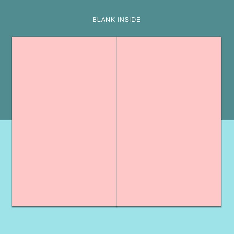 K&ouml;nnte beinhalten: Eine gefaltete Gru&szlig;karte mit hellrosa Innenseite, die Worte "BLANK INSIDE" sind oben in Wei&szlig; gedruckt. Die Karte ist vor einem t&uuml;rkis- und hellblauen Hintergrund platziert.