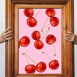 Cherry Kitchen Print: Pink Dopamine Decor, Fun Fruit Art (Digital Download A4/A3/8x10in JPEG/PDF)