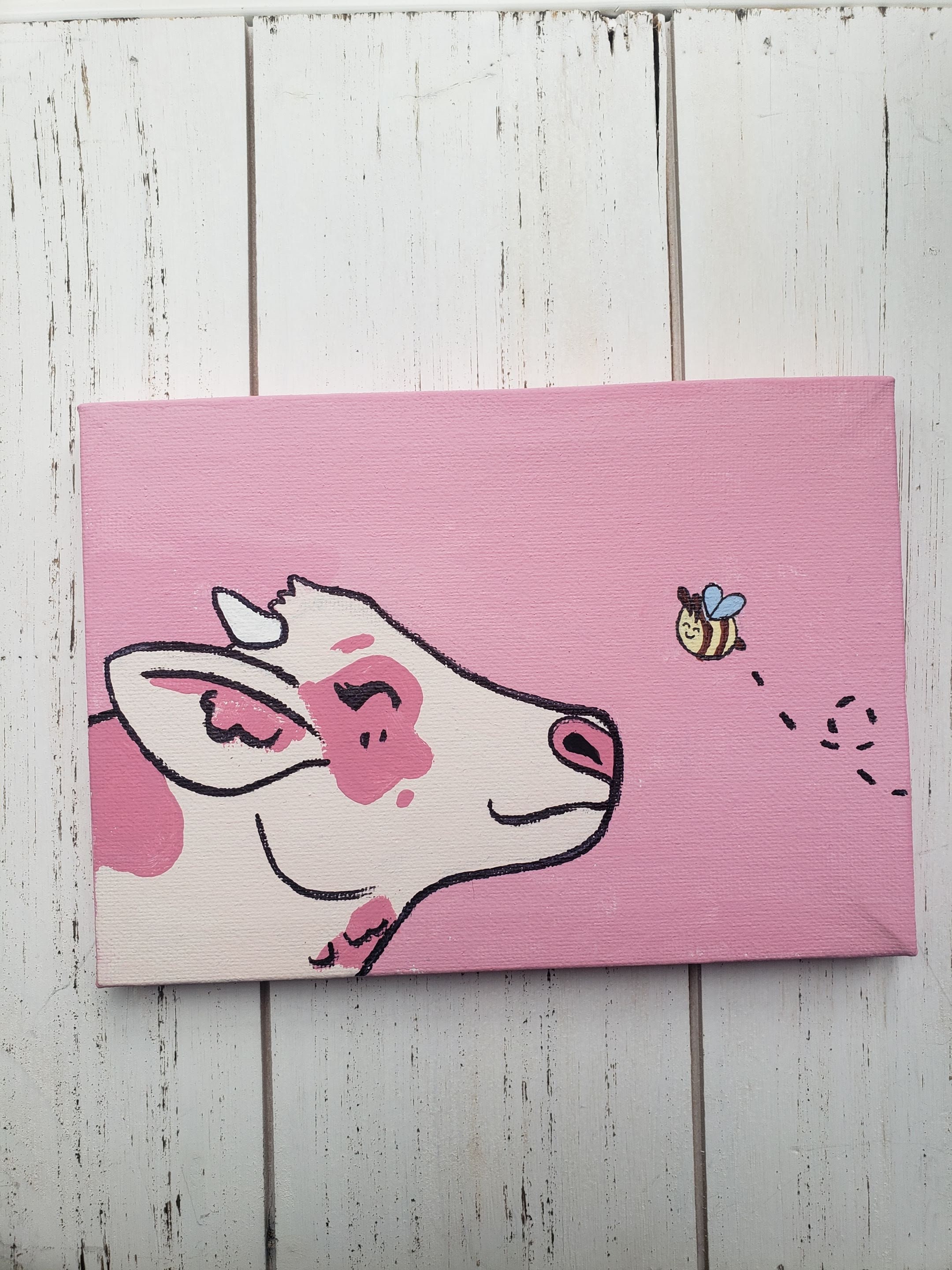 Strawberry Cow and Bee Painting Acrylic Small Painting Canvas 