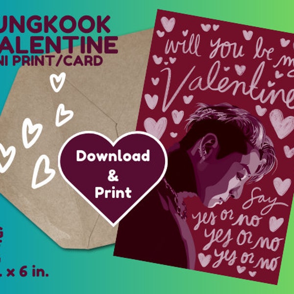 Jungkook Valentine's Day Card DIGITAL DOWNLOAD / 4 in.x6 in. Mini Print BTS Fan Art Instant Download / Golden Inspired Drawing pdf, png, jpg