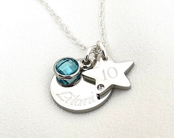 10th Birthday Name Age & Birthstone Necklace Star Silver Personalised Childs Daughter Granddaughter Goddaughter Friend Milestone Gift Boxed
