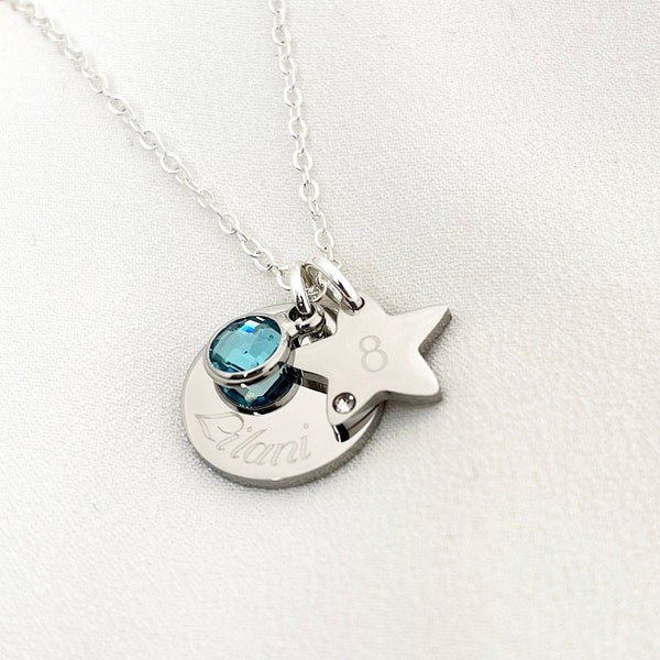 8th Birthday Name Age & Birthstone Necklace Star Silver Personalised Childs Daughter Granddaughter Goddaughter Friend Gift Boxed