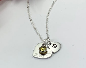 8th 9th 10th 11th 12th Birthday Name Age & Birthstone Necklace Heart Silver Personalised Childs Daughter Granddaughter Goddaughter Friend