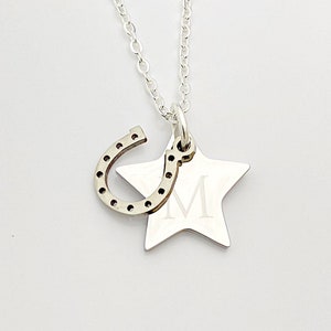 Personalised Initial Necklace Star Pendant Birthday Gift Good Luck Charm HORSE PONY Christmas Lover Mirror Polished Horseshoe Charm UK