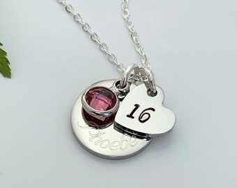 16th Birthday Name Age Birthstone Necklace Silver Personalised Childs Daughter Granddaughter Goddaughter Friend Gift Milestone Teenager