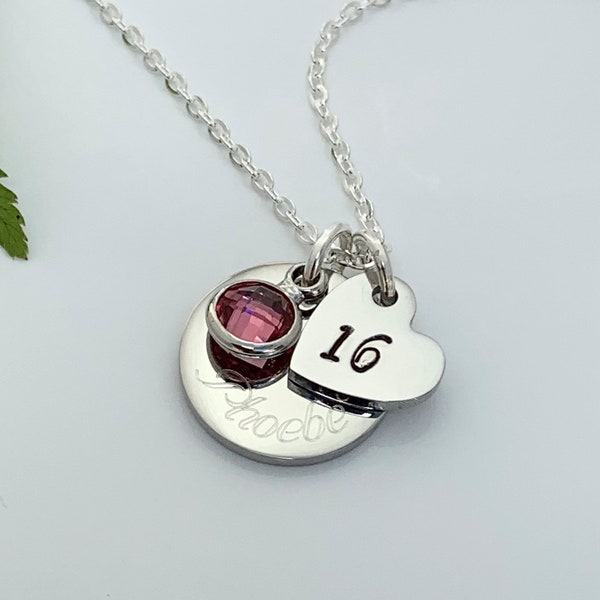 16th Birthday Name Age & Birthstone Necklace Heart Silver Personalised Childs Daughter Granddaughter Goddaughter Friend Gift Boxed Teenager
