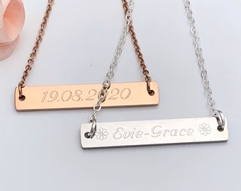 Personalised Bar Necklace Rose Gold Silver Necklace Name Date of Birth Wedding Jewellery Flower Girl Christmas Birthday Gift UK Seller