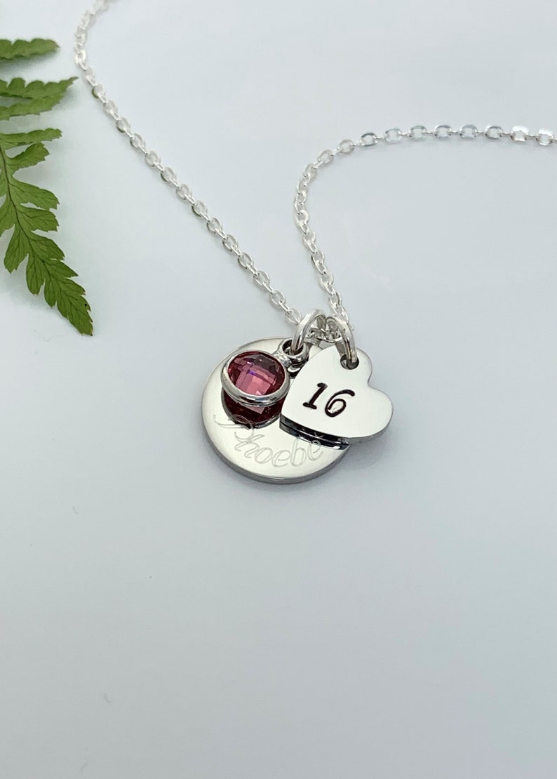 16th Birthday Name Age & Birthstone Necklace Heart Silver Personalised Childs Daughter Granddaughter Goddaughter Friend Gift Boxed Teenager image 1