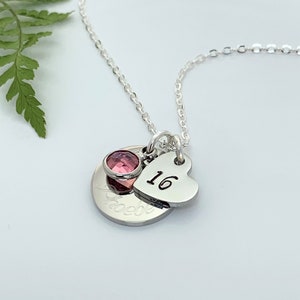 16th Birthday Name Age & Birthstone Necklace Heart Silver Personalised Childs Daughter Granddaughter Goddaughter Friend Gift Boxed Teenager image 8