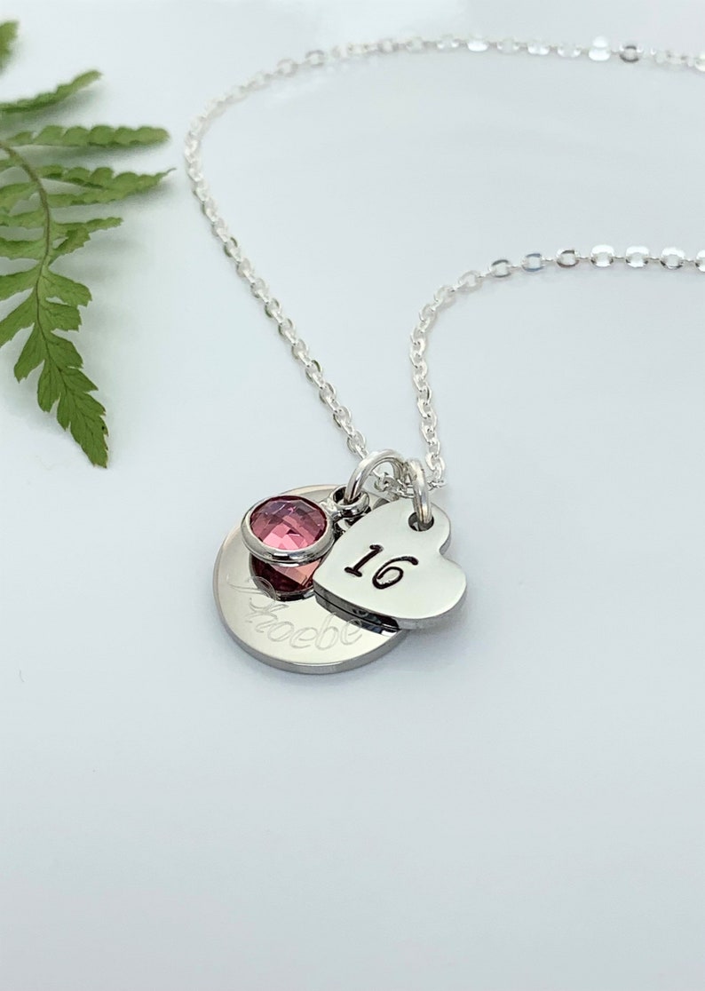 16th Birthday Name Age & Birthstone Necklace Heart Silver Personalised Childs Daughter Granddaughter Goddaughter Friend Gift Boxed Teenager image 8