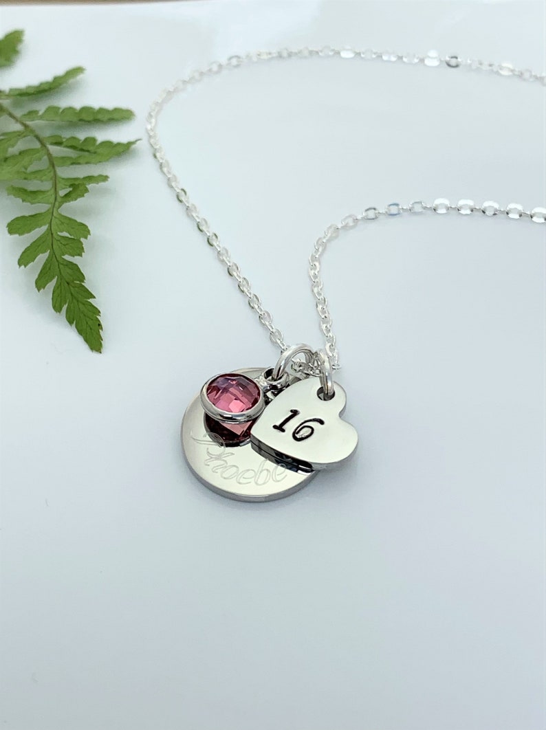 16th Birthday Name Age & Birthstone Necklace Heart Silver Personalised Childs Daughter Granddaughter Goddaughter Friend Gift Boxed Teenager image 5