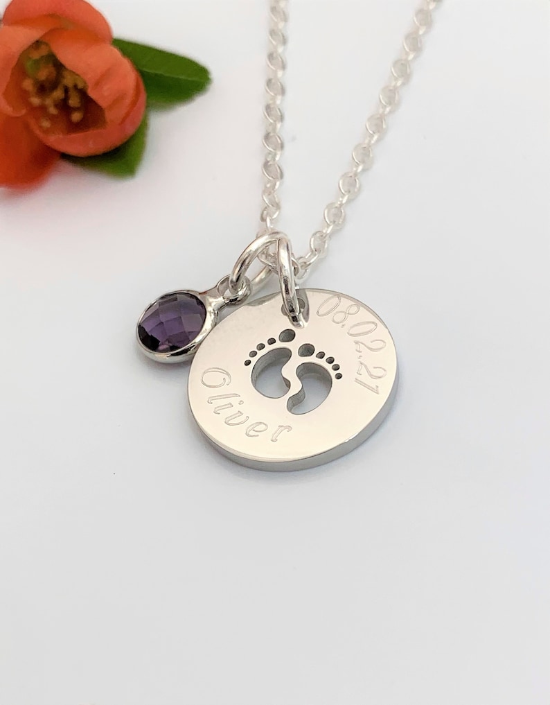BABY FEET Pendant Name & Dob date of Birth Name Birthstone Personalised Necklace Personalised Jewellery Name Miscarriage New Baby image 2