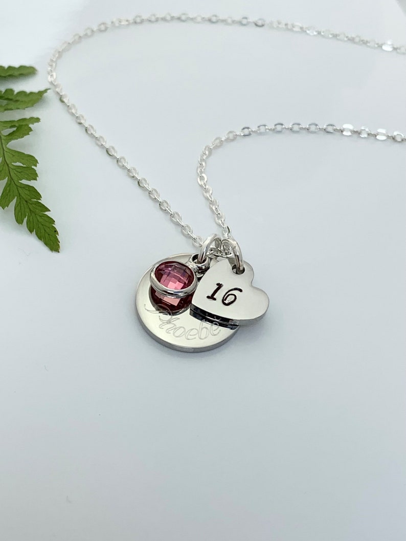 16th Birthday Name Age & Birthstone Necklace Heart Silver Personalised Childs Daughter Granddaughter Goddaughter Friend Gift Boxed Teenager image 7