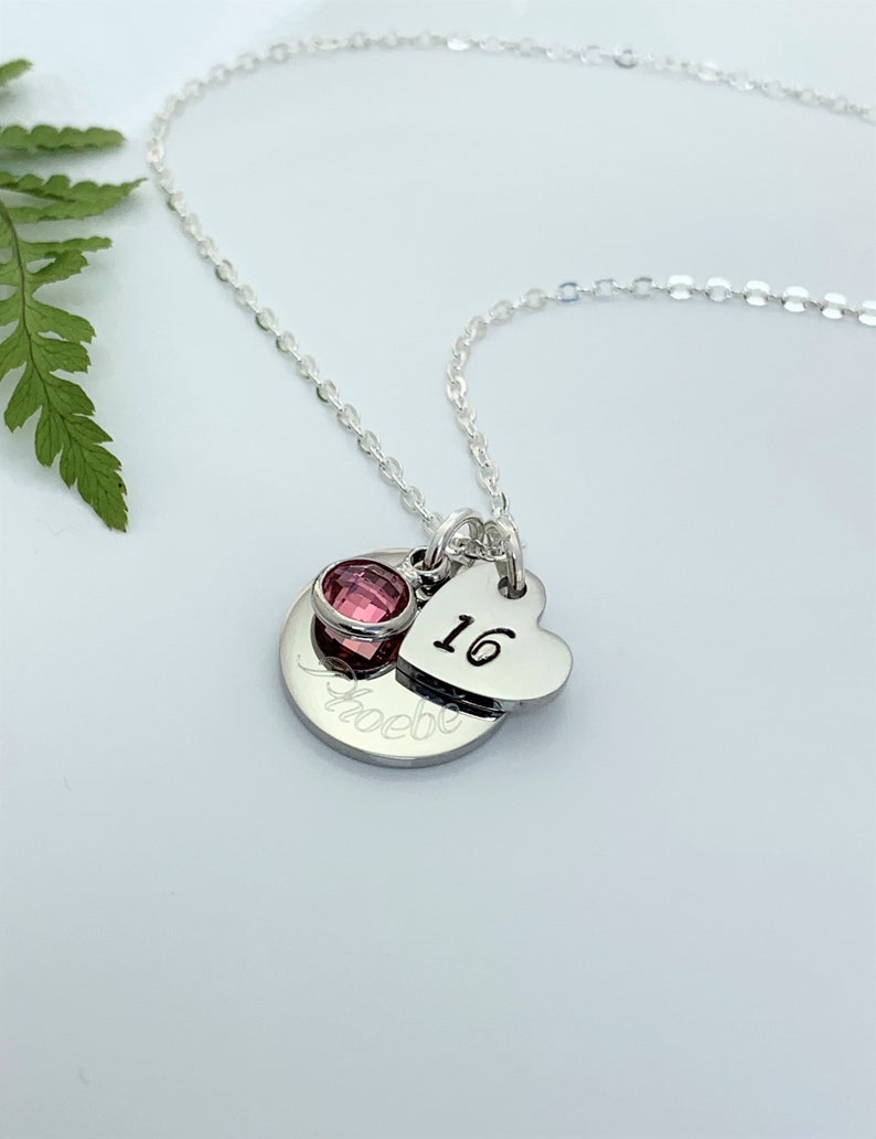 16th Birthday Name Age & Birthstone Necklace Heart Silver Personalised Childs Daughter Granddaughter Goddaughter Friend Gift Boxed Teenager image 2