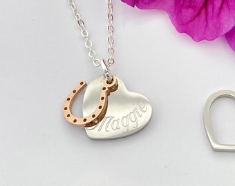 Personalised Name Necklace Heart Pendant Birthday Gift Good Luck Charm HORSE PONY Christmas Lover Mirror Polished Horseshoe Charm UK Seller