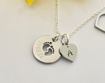 BABY FEET Pendant DOB date of Birth Personalised Necklace Initial Necklace Personalised Jewellery Heart Initial New Mum Gift Boxed