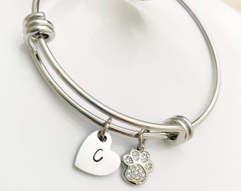 Special Birthday Childs Adults Gift Personalised Bangle Personalised Bracelet Heart Initial & Dog Charm Animal Lover Birthday Christmas Gift