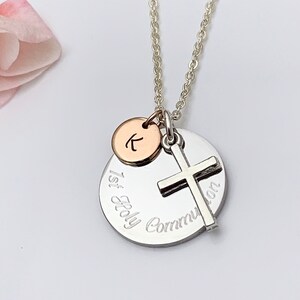 1st Holy Communion Christening Baptism Personalised Rose Gold Initial Cross Charm Silver Necklace UK Seller