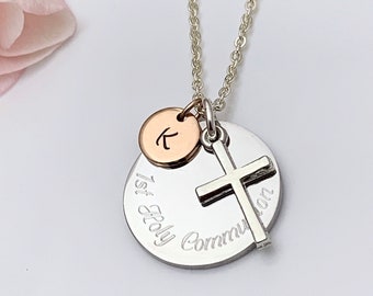 1st Holy Communion Christening Baptism Personalised Rose Gold Initial Cross Charm Silver Necklace UK Seller