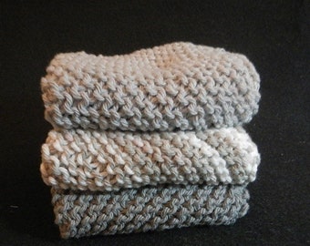 Handknit cotton dishcloths, set of three, 8"' x 8", shower gift, spa cloths, gift for mom. gift for grandma, hostess gifts