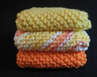 Cotton dishcloths, set of three, 8"' x 8", hand knit, shower gift, spa cloths, gift for mom. gift for grandma, hostess gifts