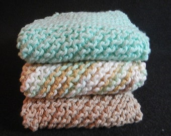 Cotton dishcloths, set of three, 8"' x 8", hand knit, shower gift, spa cloths, gift for mom. gift for grandma, hostess gifts