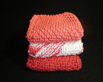 Dishcloths, set of three, 8"' x 8", hand knit cotton, shower gift, spa cloths, gift for mom. gift for grandma, hostess gifts