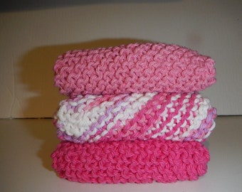 Cotton dishcloths, set of three, 8"' x 8", hand knit, shower gift, spa cloths, gift for mom. gift for grandma, hostess gifts