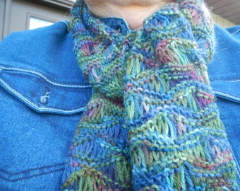 Ladies Lacey Scarf, Hand Knit,  variegated, Wavy, Blue green,