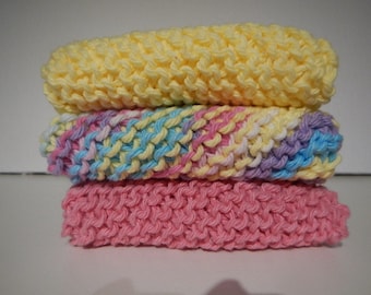 Cotton dishcloths, set of three, 8"' x 8", hand knit, shower gift, spa cloths, gift for mom. gift for grandma, hostess gifts