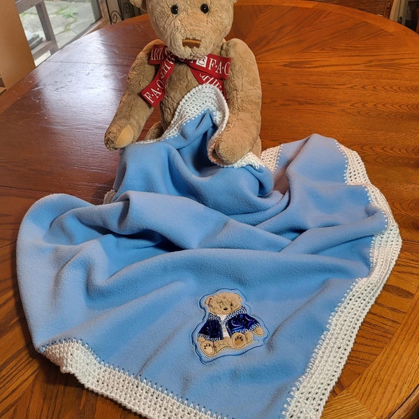 Crocheted Edged Boy Blanket with Dimensional Bear Accent