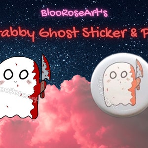 Stabby Ghost Sticker | Waterproof Sticker & 1.25 inch Button | Halloween sticker and button